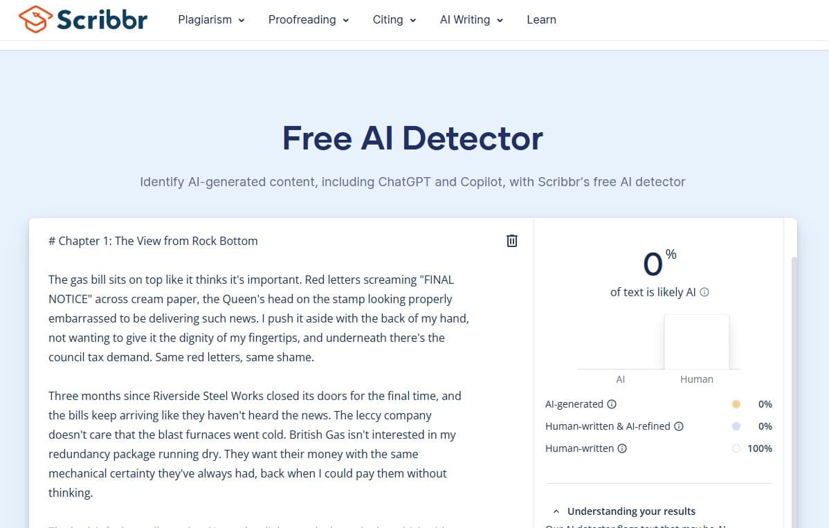 Scribbr AI detector showing 0% AI-detected on Ghostproof output